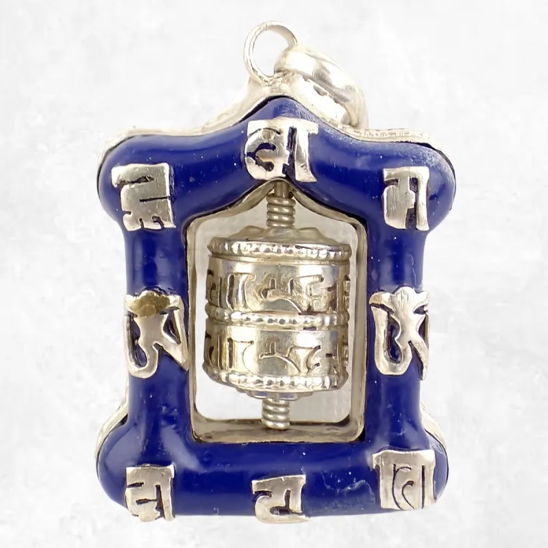 Pendentif tibétain Moulin à prières imitation Lapis lazuli - Pendentifs tibétains bouddhistes