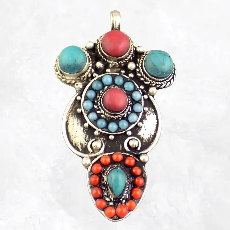 Pendentif tibétain style antique - Corail Turquoise - Pendentifs tibétains bouddhistes