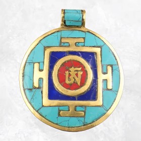 Pendentif bouddhiste Om tibétain laiton turquoise