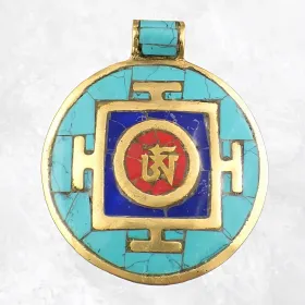 Pendentif bouddhiste Om tibétain laiton turquoise - Pendentifs tibétains bouddhistes