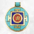 Pendentif bouddhiste Om tibétain laiton turquoise - Pendentifs tibétains bouddhistes