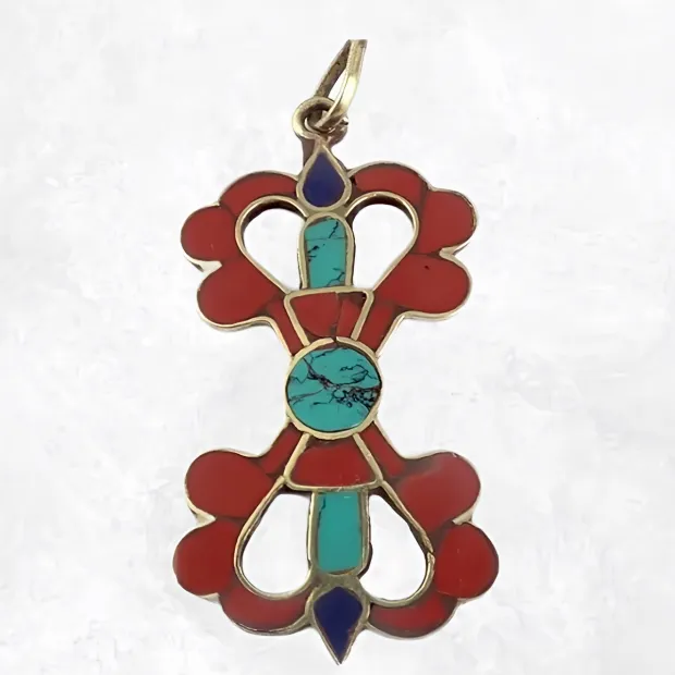 Pendentif tibétain dordjé vajra bouddhiste couleur corail - Bijoux tibetains bouddhistes