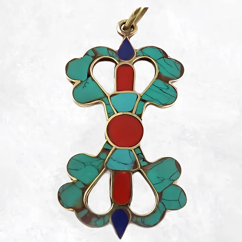 Pendentif tibétain Dordjé vajra couleur turquoise - Pendentifs tibétains bouddhistes