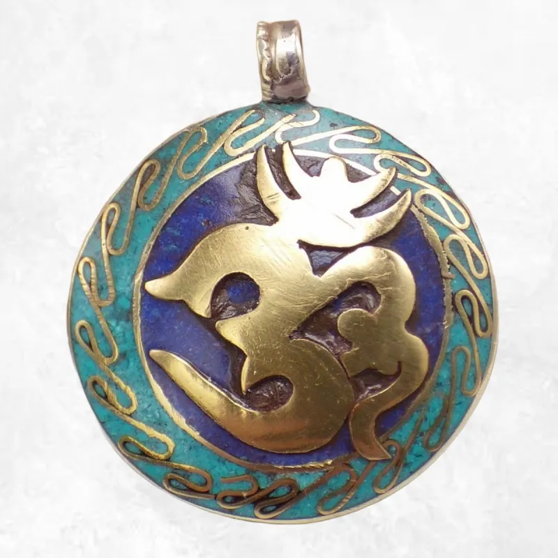 Bijou tibétain pendentif Om laiton couleur turquoise - Pendentifs tibétains bouddhistes
