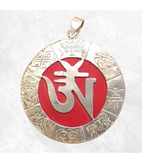 Pendentif tibétain Om sur fond rouge
