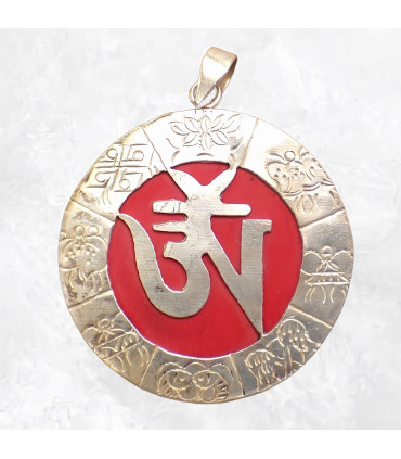 Pendentif tibétain Om sur fond rouge Bijoux tibetains bouddhistes 2668.1
