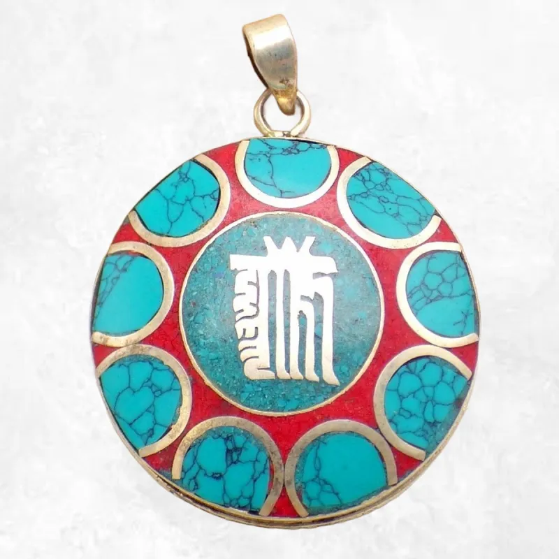 Bijou tibétain pendentif Kalachakra couleur turquoise - Pendentifs tibétains bouddhistes