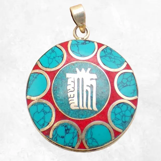 Bijou tibétain pendentif Kalachakra couleur turquoise - Pendentifs tibétains bouddhistes