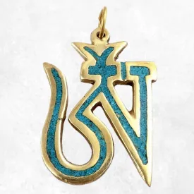 Pendentif tibétain Om en laiton et turquoise - Pendentifs tibétains bouddhistes
