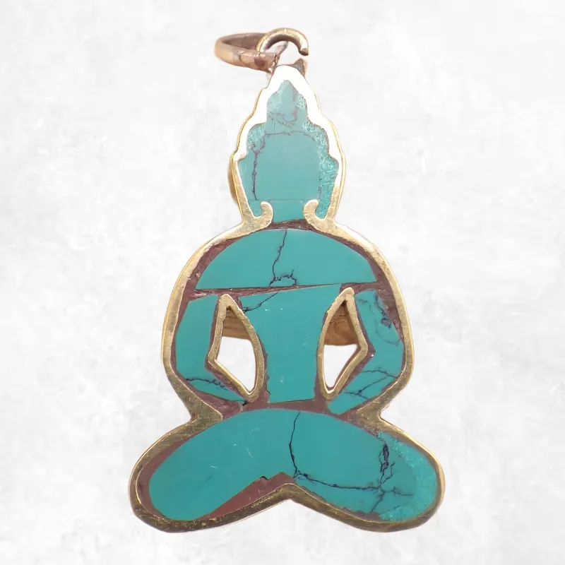 Pendentif tibétain Bouddha laiton turquoise - Pendentifs tibétains bouddhistes