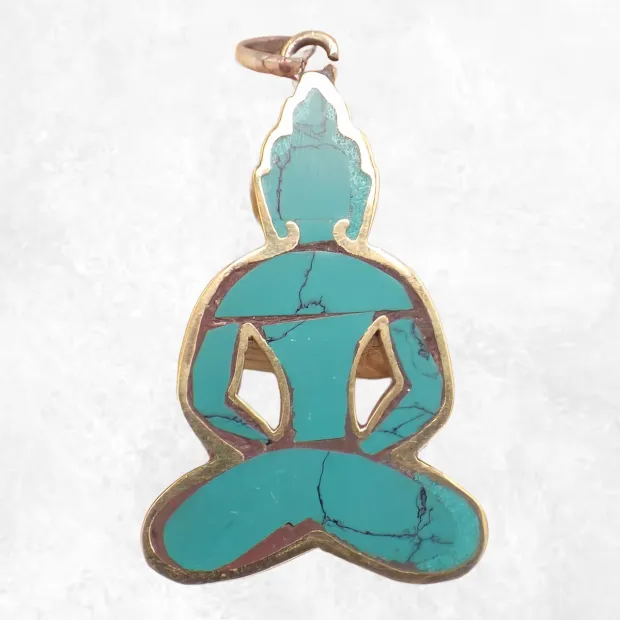 Pendentif tibétain Bouddha laiton turquoise - Pendentifs tibétains bouddhistes
