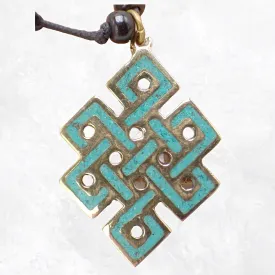 Collier tibétain pendentif Noeud sans fin turquoise - Colliers tibétains et népalais