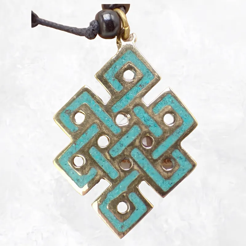 Collier tibétain pendentif Noeud sans fin turquoise - Colliers tibétains et népalais
