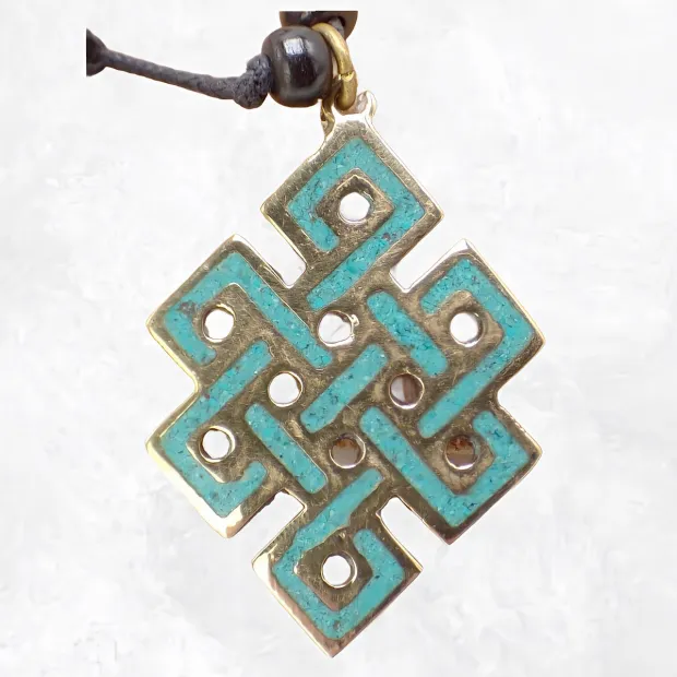 Collier tibétain pendentif Noeud sans fin turquoise - Colliers tibétains et népalais