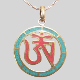 Bijou tibétain Pendentif bouddhiste OM corail turquoise