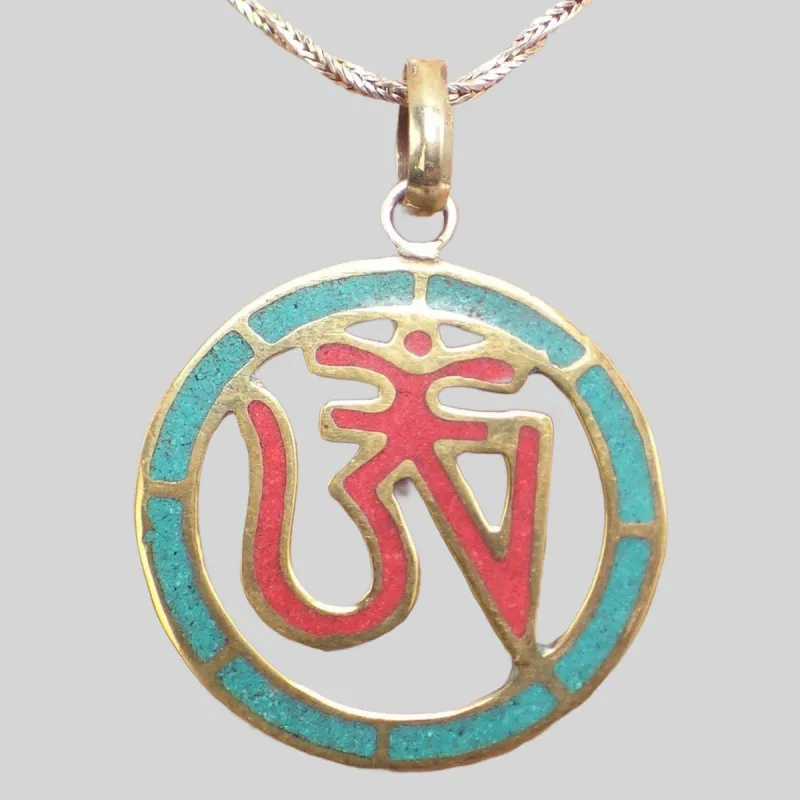 Bijou tibétain Pendentif bouddhiste OM corail turquoise - Pendentifs tibétains bouddhistes