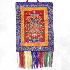 Tenture tibétaine rouge signes auspicieux Objets rituels bouddhistes TNKA7