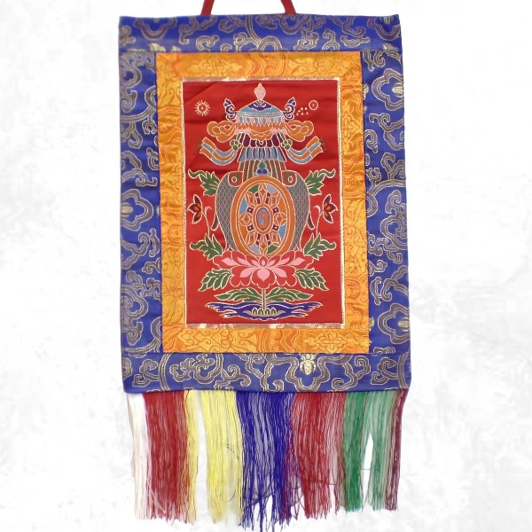 Tenture tibétaine rouge signes auspicieux Objets rituels bouddhistes TNKA7