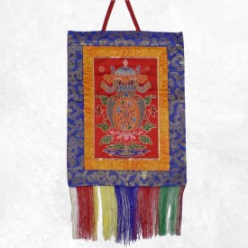 Tenture tibétaine rouge signes auspicieux Objets rituels bouddhistes TNKA7