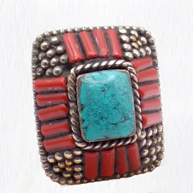 Grosse bague Tibétaine traditionnelle Turquoise corail T 58 et 59 - Bagues tibétaines bouddhistes
