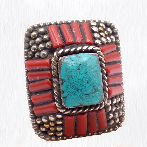 Grosse bague Tibétaine traditionnelle Turquoise corail T 58 et 59