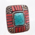 Bague tibétaine turquoise et corail, métal blanc, taille 58/59.