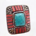 Grosse bague Tibétaine traditionnelle Turquoise corail T 58 et 59 - Bagues tibétaines bouddhistes