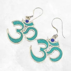 Boucles d'oreilles tibétaines Om serties de turquoise - Bijoux tibetains bouddhistes