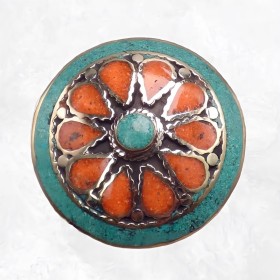 Grosse bague Tibétaine Turquoise Corail ronde