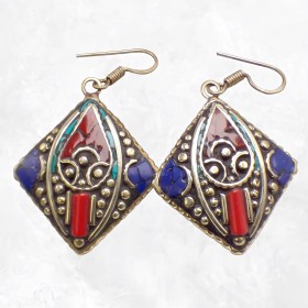 Boucles d'oreilles tibétaines losange pierres fantaisie