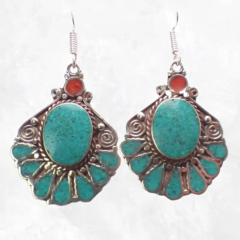 Boucles d'oreilles tibétaines longues forme fleur - Boucles d'oreilles tibétaines