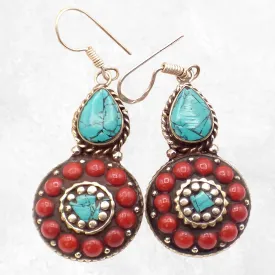 Boucles d'oreilles tibétaines pierres fantaisie - Boucles d'oreilles tibétaines