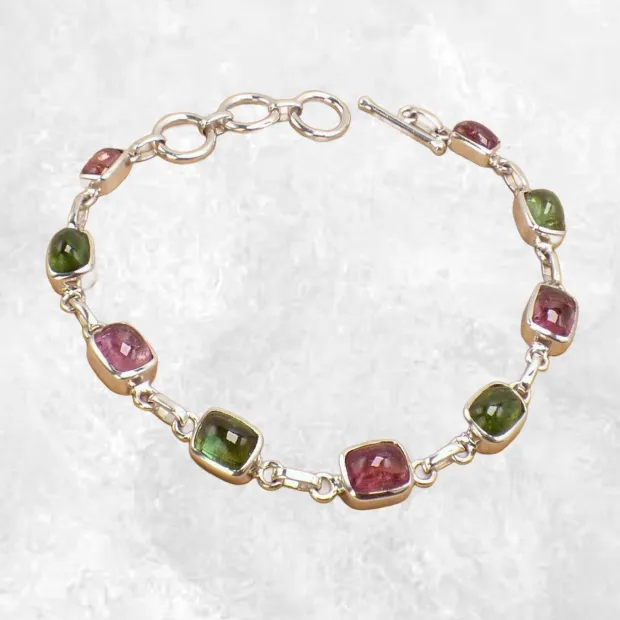 Bracelet Tourmaline rose et verte forme rectangulaire - Bijoux en Tourmaline Rose