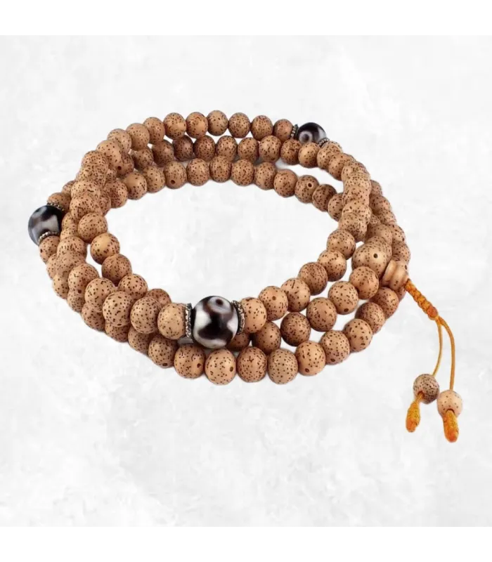 Mala tibétain 108 perles en Graines de Lotus et perle Dzi - Mala tibétain 108 perles