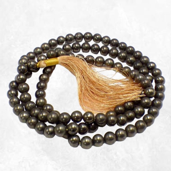 Collier mala tibetain 108 perles de Pyrite dorée