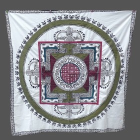 Nappe tibétaine en coton brodé écru kaki bordeau Tentures tibétaines Bouddha NTK6