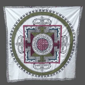 Nappe tibétaine en coton brodé écru kaki bordeau - Tenture murale bouddhiste, nappe
