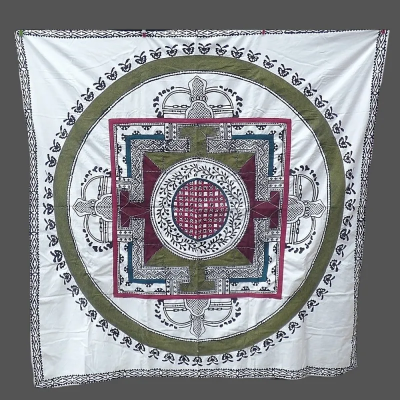 Nappe tibétaine en coton brodé écru kaki bordeau - Tenture murale bouddhiste, nappe