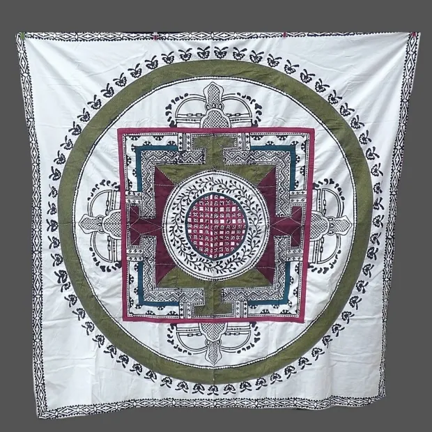 Nappe tibétaine en coton brodé écru kaki bordeau - Tenture murale bouddhiste, nappe