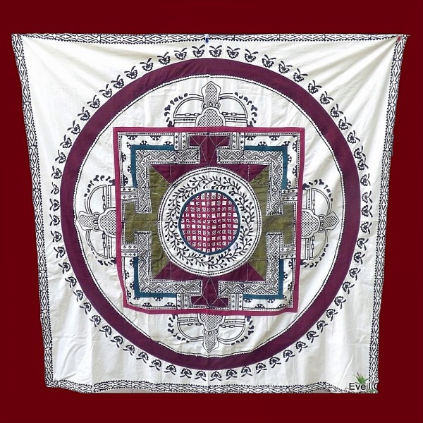 Nappe tibétaine en coton brodé bordeau kaki