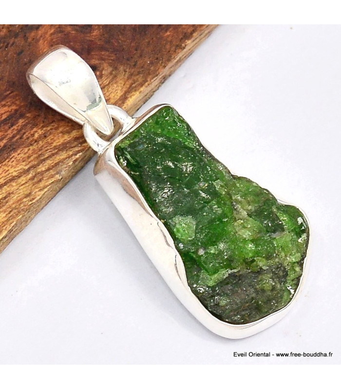 Pendentif Chrome Diopside brut authentique en argent 925