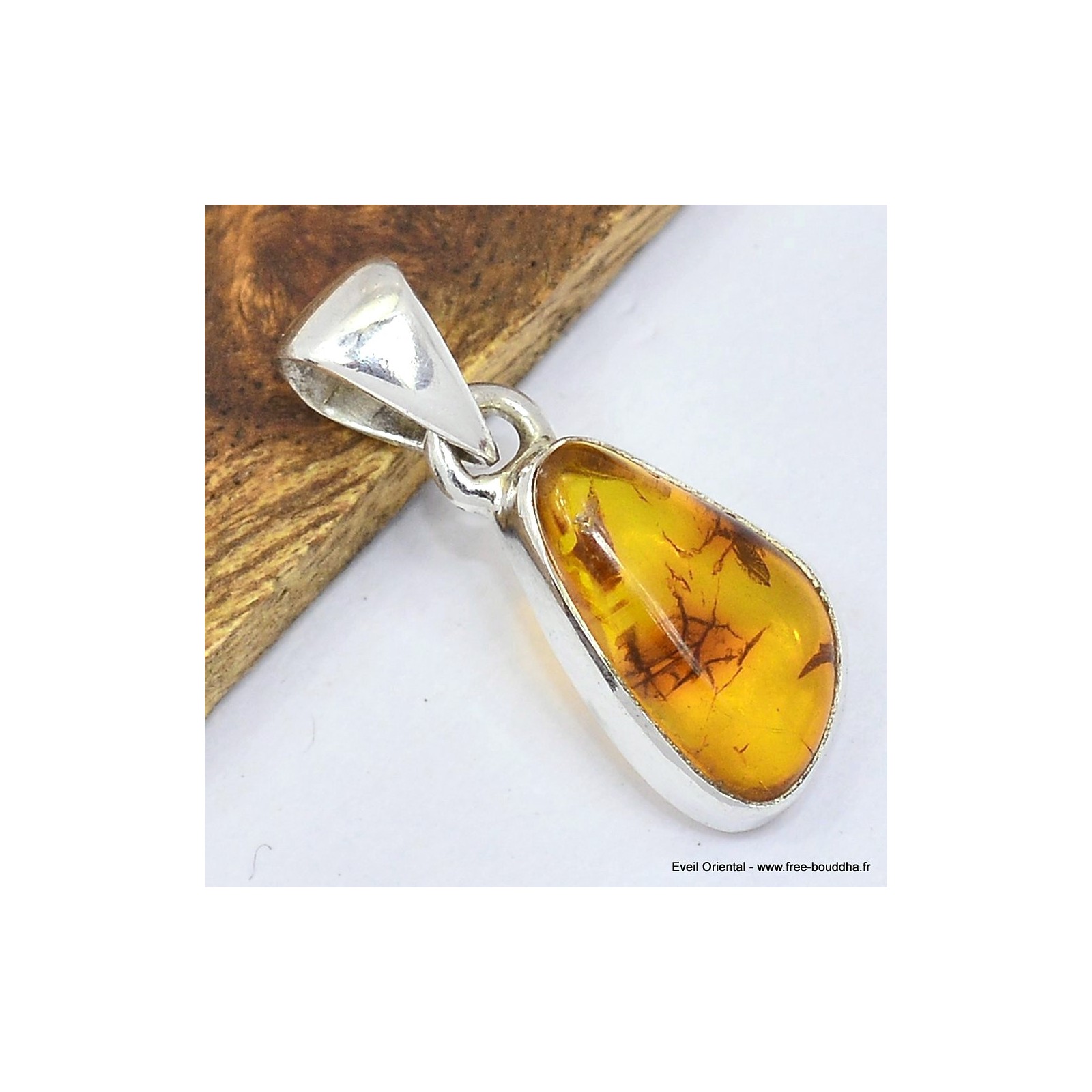 Pendentif en ambre de la Baltique : argent 925, pierre précieuse marron jaune - France