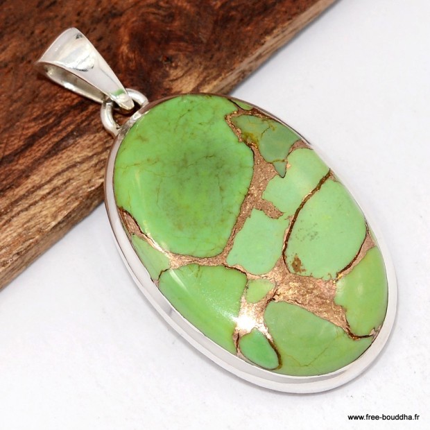 Pendentif turquoise Mohave verte cuivrée, argent 925, pierre protectrice