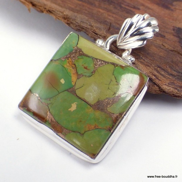 Pendentif turquoise Mohave verte cuivrée carré, argent 925 certifié