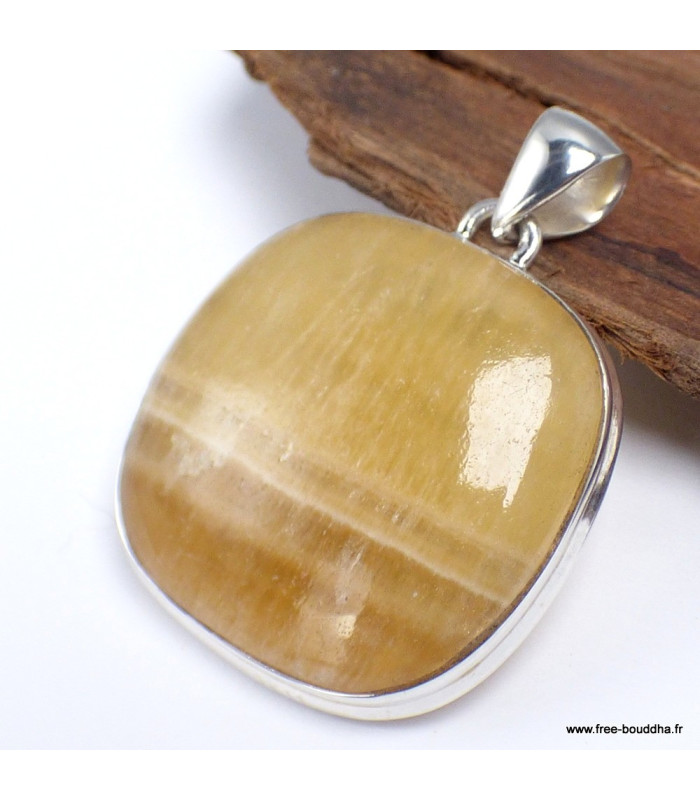 Agate Jaune – Pendentif carré à bandes en argent 925, bijou solaire