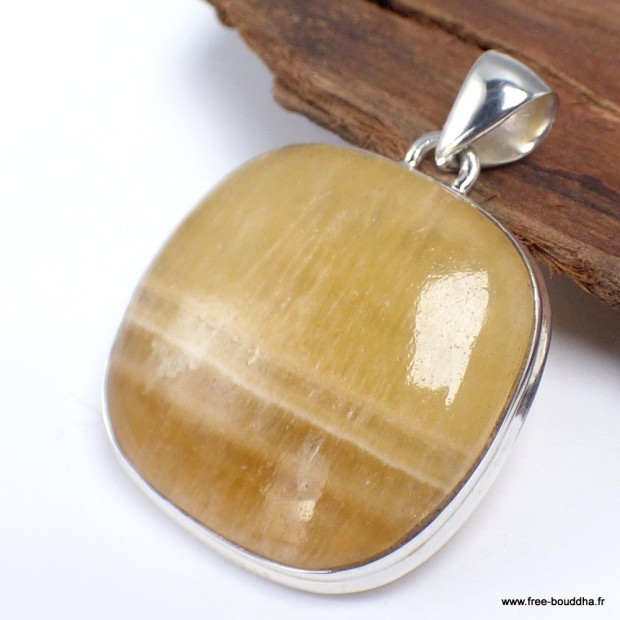 Agate Jaune – Pendentif carré à bandes en argent 925, bijou solaire