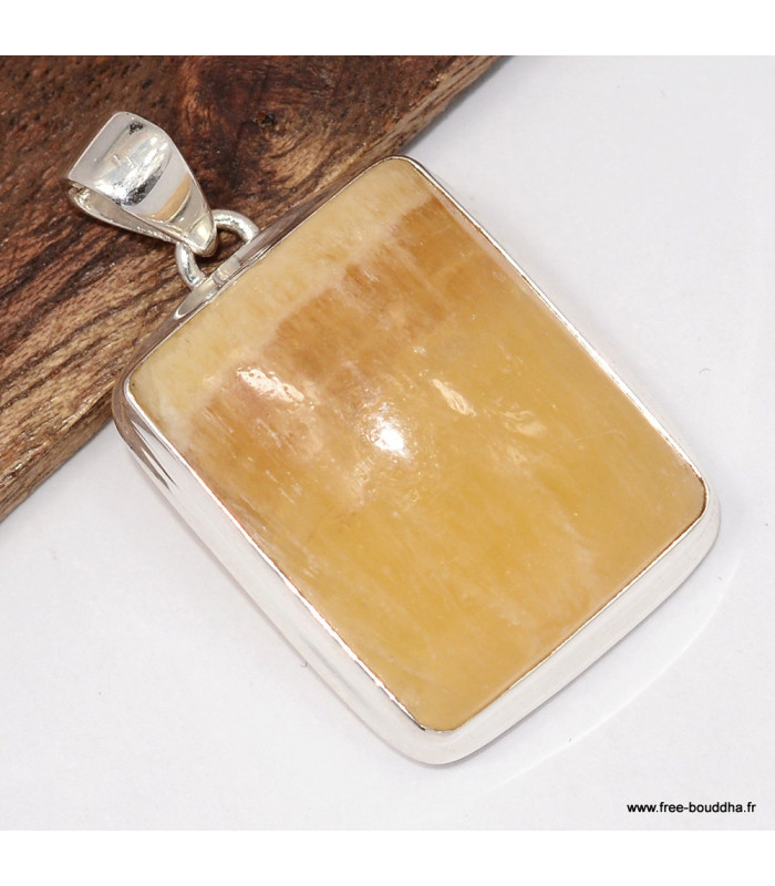 Agate Jaune – Pendentif rectangulaire à bandes en argent 925