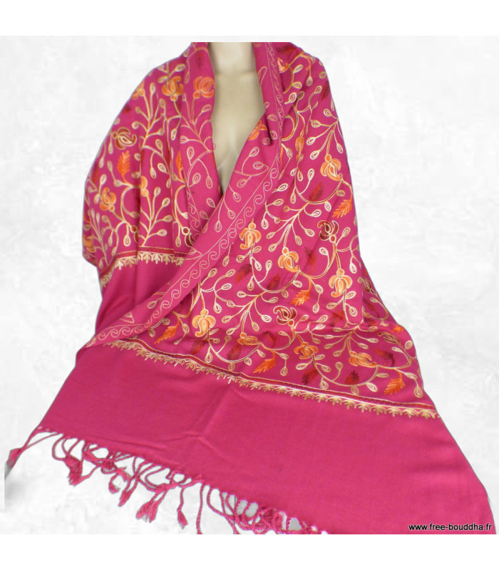 Châle laine ethnique rose framboise en laine