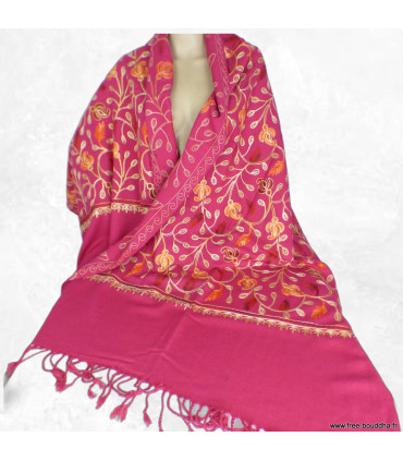 Châle népalais rose framboise en laine brodé fleurs – Fabriqué au Népal