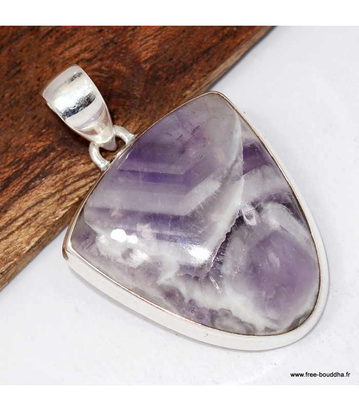 Améthyste à bandes certifiée – Pendentif semi-ovale en argent 925